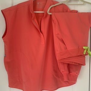 Figs Hot Coral PXL Zamora jogger and XL Rafaela top